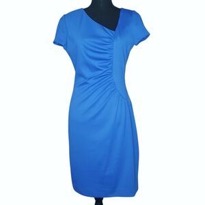 MNG By Mango Women M Cobalt Blue Ruched Faux Wrap Lined Sexy Mob Wife Midi Dress
